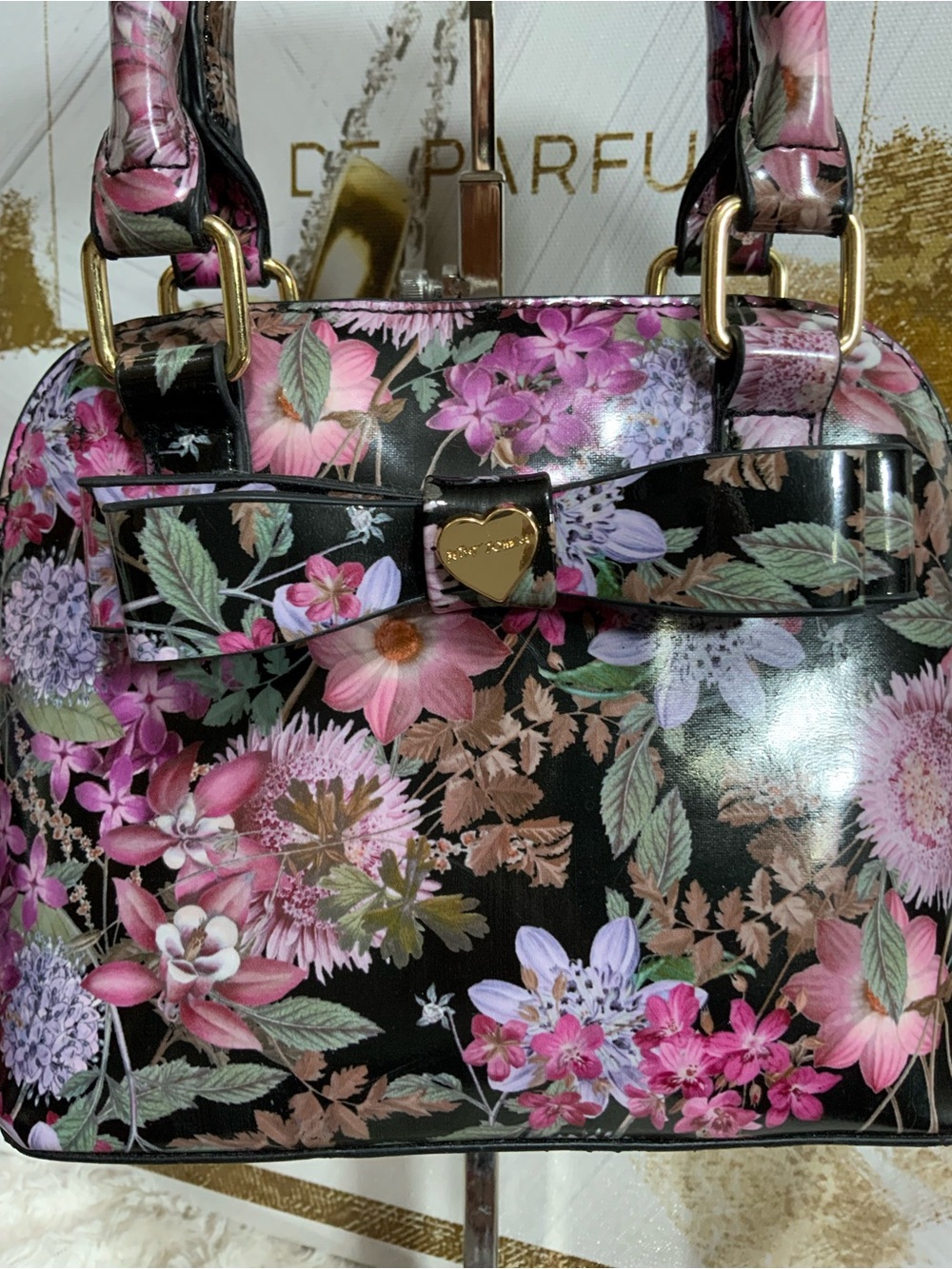 🩷Betsey Johnson Black Floral Dome Satchel with Pink & Purple Flowers - Picture 3 of 9